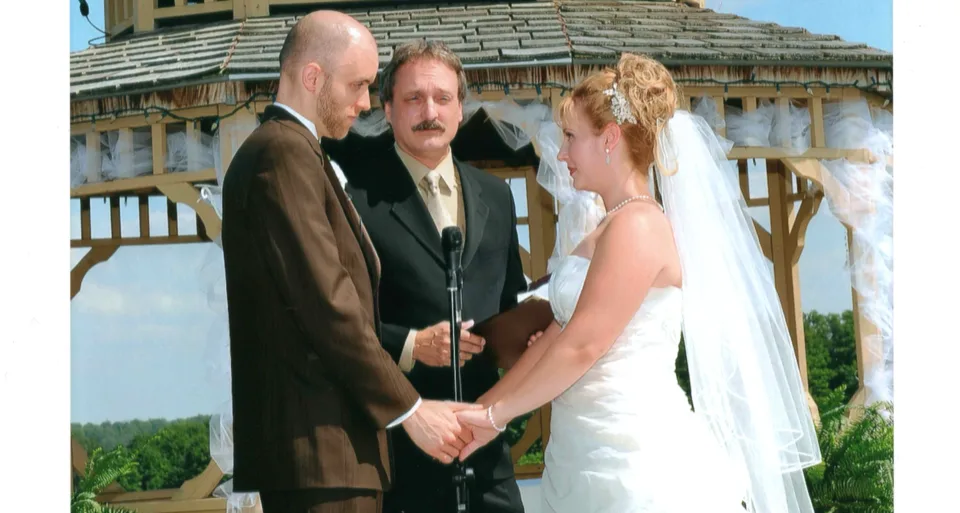 Jeff McQueen officiating Tara and Adrian's outdoor gazebo ceremony